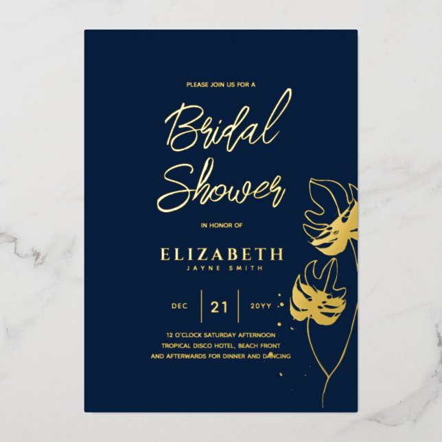 Blue Tropical Disco BRIDAL SHOWER Gold Leaves (Front)