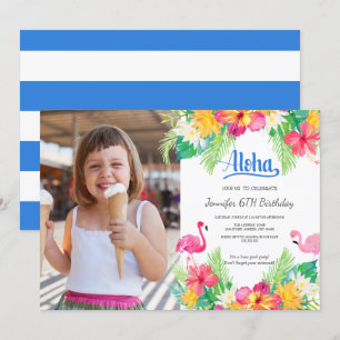 Blue Tropical Flamingo Luau Photo Birthday Invitation