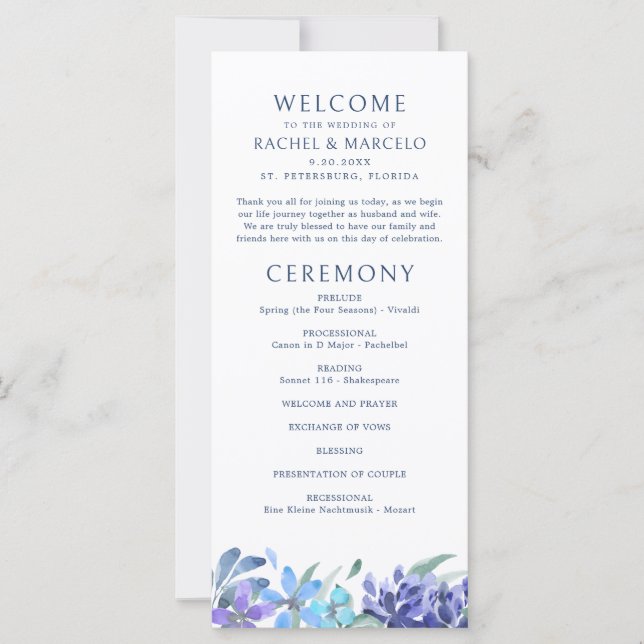 Blue Tropical Floral Wedding Program (Front)