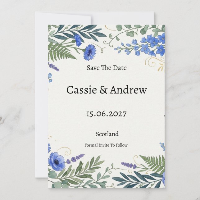 Blue Tropical Floral Wedding Save The Date (Front)