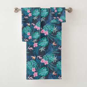 Blue Tropical Flower Garden Pattern Bath Towel Set