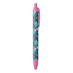 Blue Tropical Flower Garden Pattern Black Ink Pen
