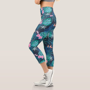 Blue Tropical Flower Garden Pattern Capri Leggings