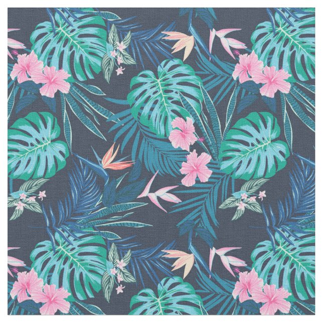 Blue Tropical Flower Garden Pattern Fabric (Close Up)