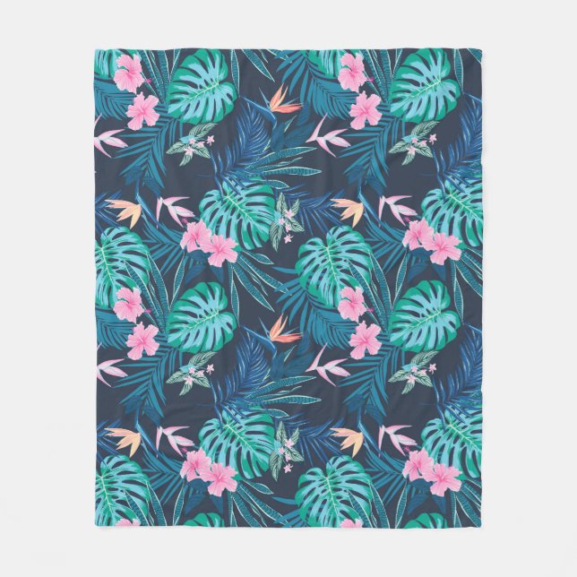 Blue Tropical Flower Garden Pattern Fleece Blanket (Front)