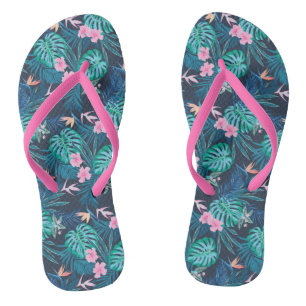 Blue Tropical Flower Garden Pattern Flip Flops