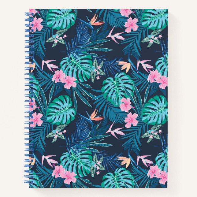 Blue Tropical Flower Garden Pattern Notebook (Front)