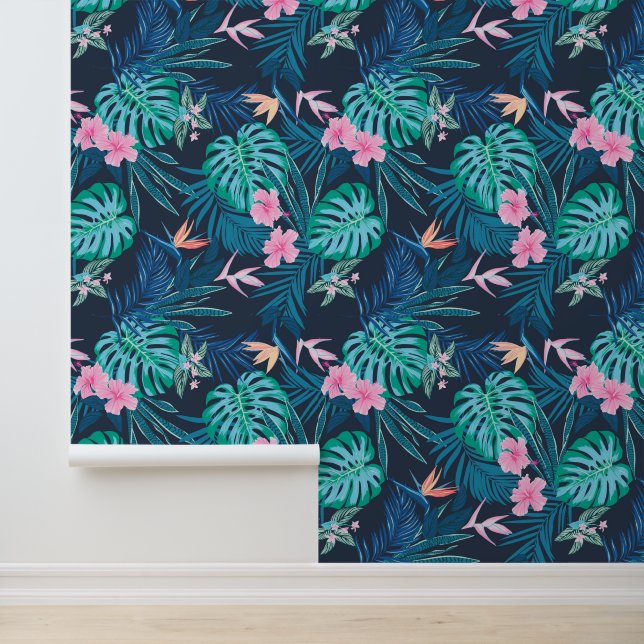 Blue Tropical Flower Garden Pattern Wallpaper (Application)