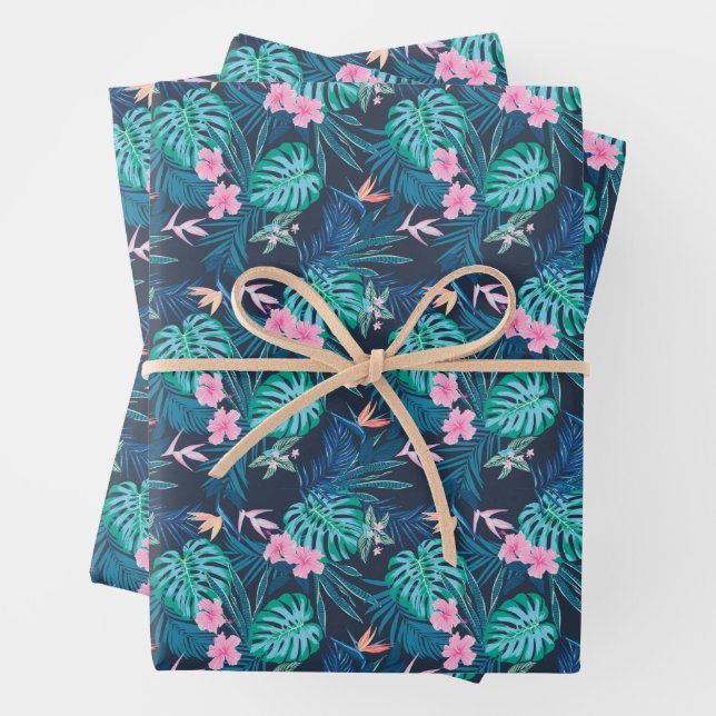 Blue Tropical Flower Garden Pattern Wrapping Paper Sheet (In situ)