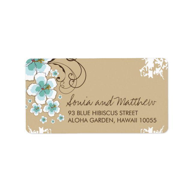 Blue Tropical Hibiscus Beach Wedding Address Label (Front)