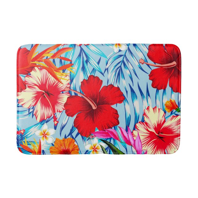 Blue Tropical hibiscus flowers   Bath Mat (Front)