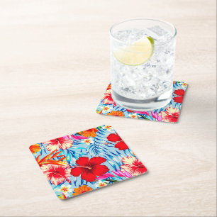 Blue Tropical hibiscus flowers Square Paper Coaster
