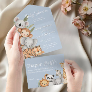Blue Tropical Jungle Safari Baby Shower Animals All In One Invitation