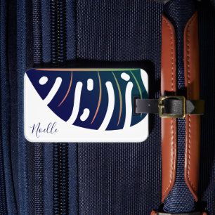 Blue Tropical Leaf, White Luggage Tag