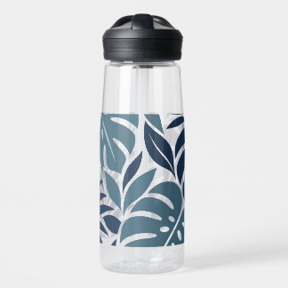 Blue Tropical Leaf Wrap Pattern Water Bottle