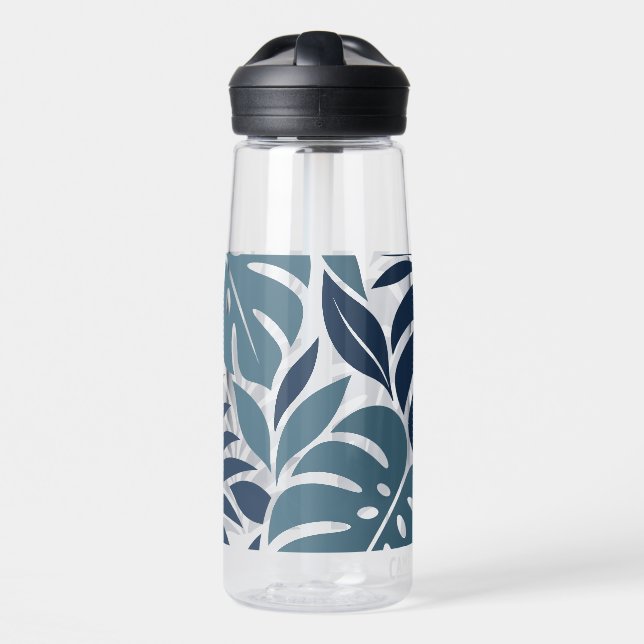 Blue Tropical Leaf Wrap Pattern Water Bottle (Front)