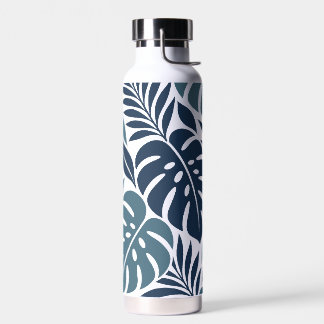 Blue Tropical Leaf Wrap Pattern Water Bottle