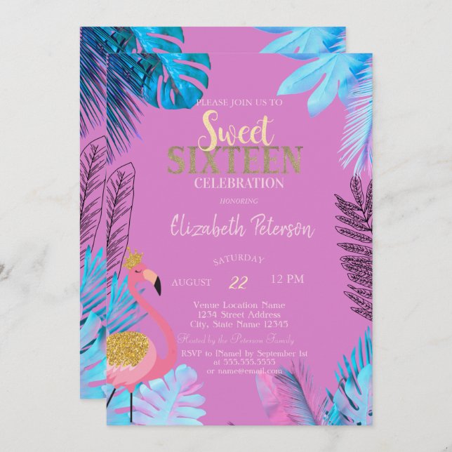 Blue Tropical Leaves Flamingos Pink Sweet 16  Invitation (Front/Back)