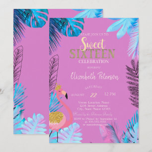 Blue Tropical Leaves Flamingos Pink Sweet 16  Invitation