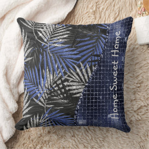 Blue Tropical Leaves Glam Glitter Personalized  Throw Pillow
