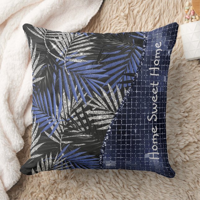 Blue Tropical Leaves Glam Glitter Personalized  Throw Pillow (Blanket)