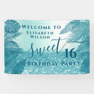 Blue tropical leaves glittery sweet sixteen banner