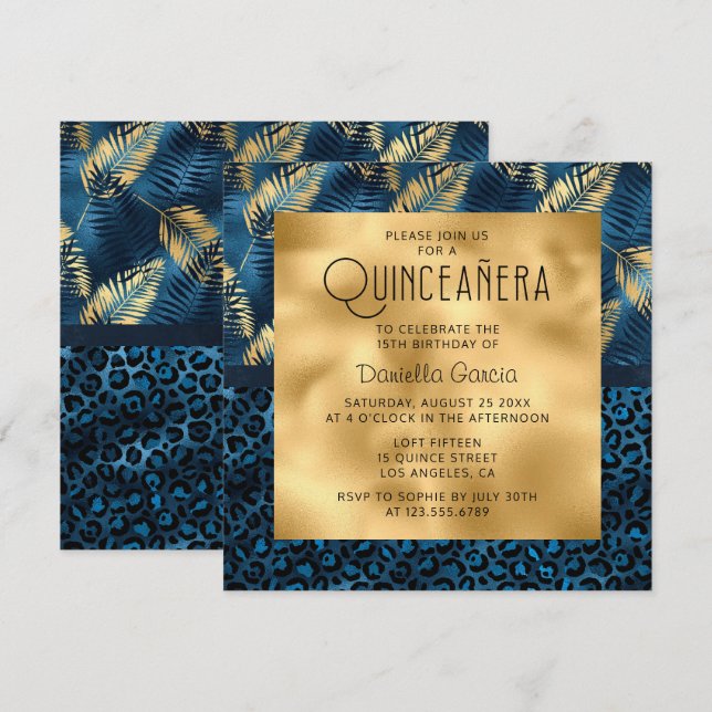 Blue Tropical Leopard Print Shimmer Quinceañera Invitation (Front/Back)