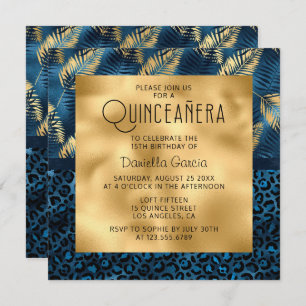 Blue Tropical Leopard Print Shimmer Quinceañera Invitation