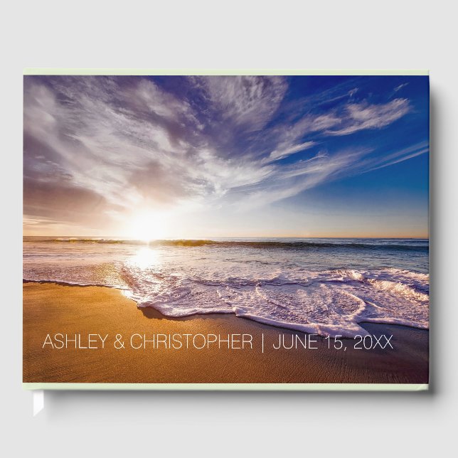 Blue Tropical Ocean Beach Sunset Wedding Guest Book (Front)