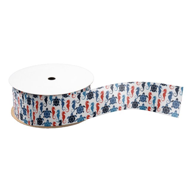Blue Tropical Ocean Sea Turtle Seahorses Grosgrain Ribbon (Spool)
