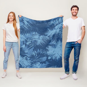 Blue Tropical Palm Leaf Fleece Blanket