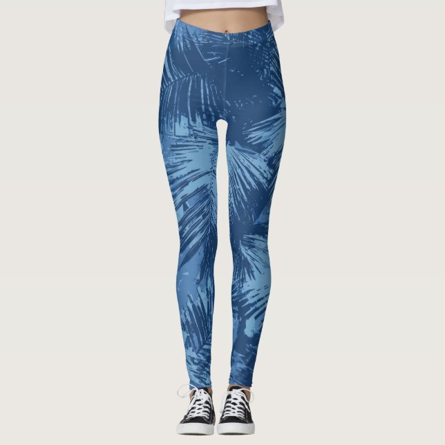 Blue Tropical Palm Leaf Leggings (Front)