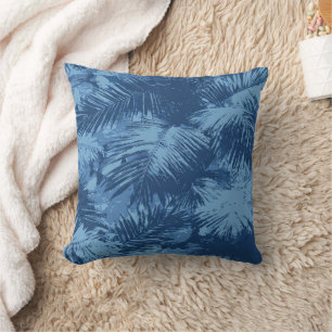 Blue Tropical Palm Leaf Throw Pillow