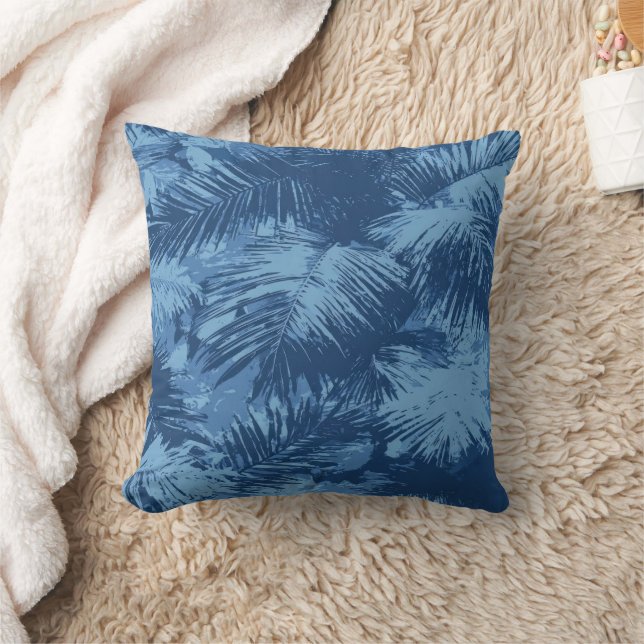 Blue Tropical Palm Leaf Throw Pillow (Blanket)