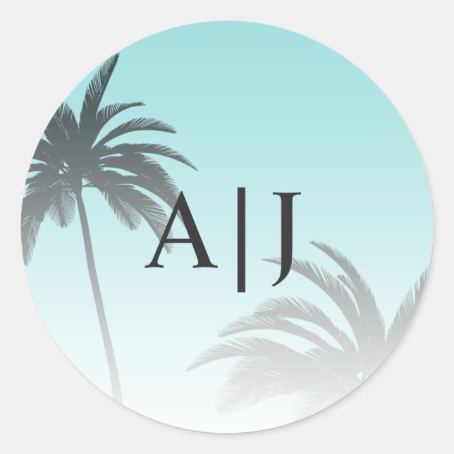 Blue Tropical Palm Tree Beach Monogram Wedding Classic Round Sticker (Front)