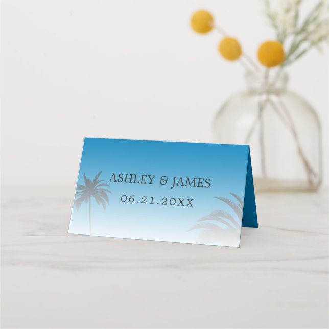 Blue Tropical Palm Tree Beach Wedding Place Card (Front)