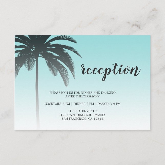 Blue Tropical Palm Tree Beach Wedding Reception Enclosure Card (Front)