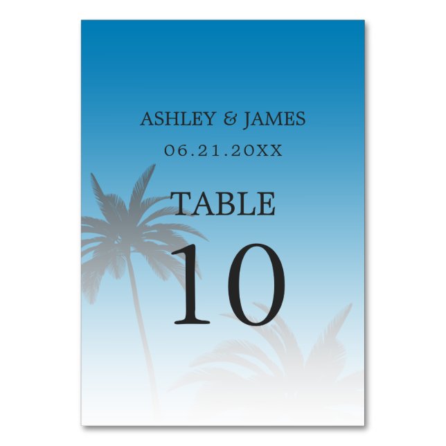 Blue Tropical Palm Tree Beach Wedding Table Number (Back)