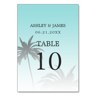 Blue Tropical Palm Tree Beach Wedding Table Number