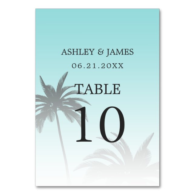 Blue Tropical Palm Tree Beach Wedding Table Number (Back)