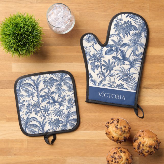Blue Tropical Palm Tree Toile Personalized Oven Mitt & Pot Holder Set (Top Down)