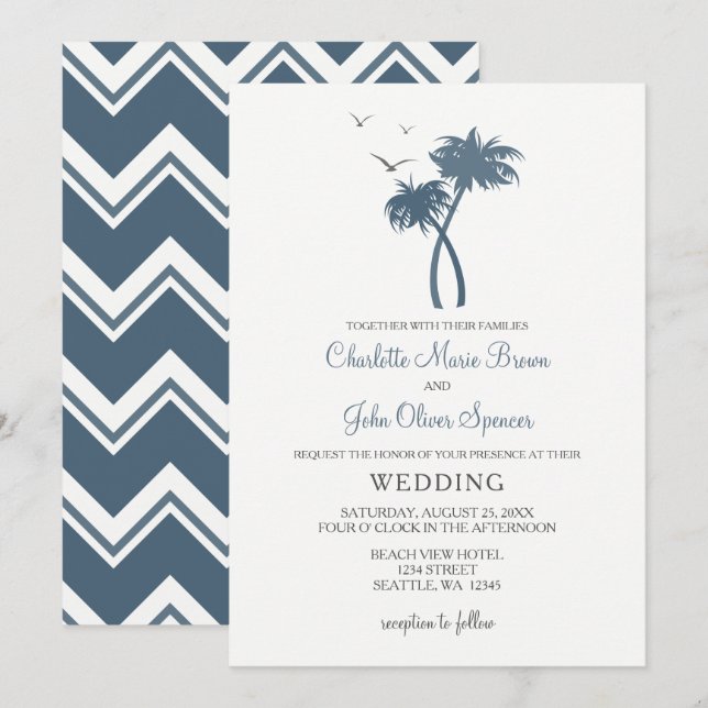 Blue Tropical Palm Tree Wedding Invitations (Front/Back)