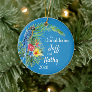 Blue Tropical Parrot Palm Leaf Flowers Names Photo Ceramic Ornament