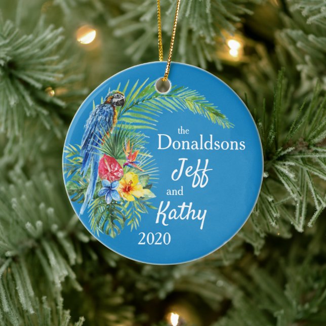 Blue Tropical Parrot Palm Leaf Flowers Names Photo Ceramic Ornament (Tree)