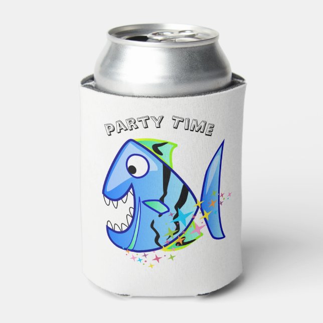 Blue Tropical Piranha with stars Can Cooler (Can Front)