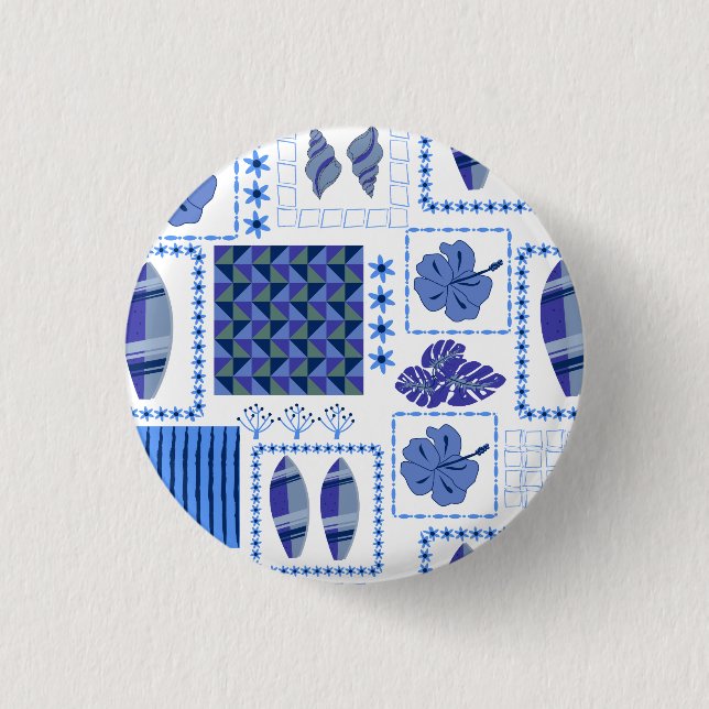 Blue Tropical Surfboard Hibiscus Pattern 1 Inch Round Button (Front)