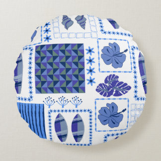 Blue Tropical Surfboard Hibiscus Pattern Round Pillow
