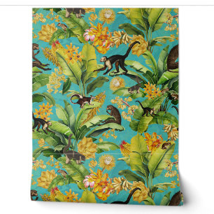 Blue Tropical Vintage Monkey Floral Rainforest Wallpaper