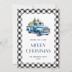 Blue Truck Black White Plaid Merry Christmas Card
