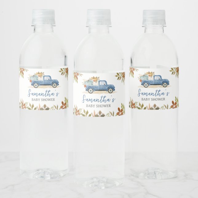 Blue Truck Fall Pumpkin Baby Shower  Water Bottle Label (Bottles)